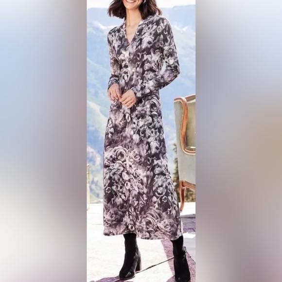 Soft Surroundings Naima Multi Floral Maxi Dress Size L Gray Modest Long Sleeve - Picture 1 of 14